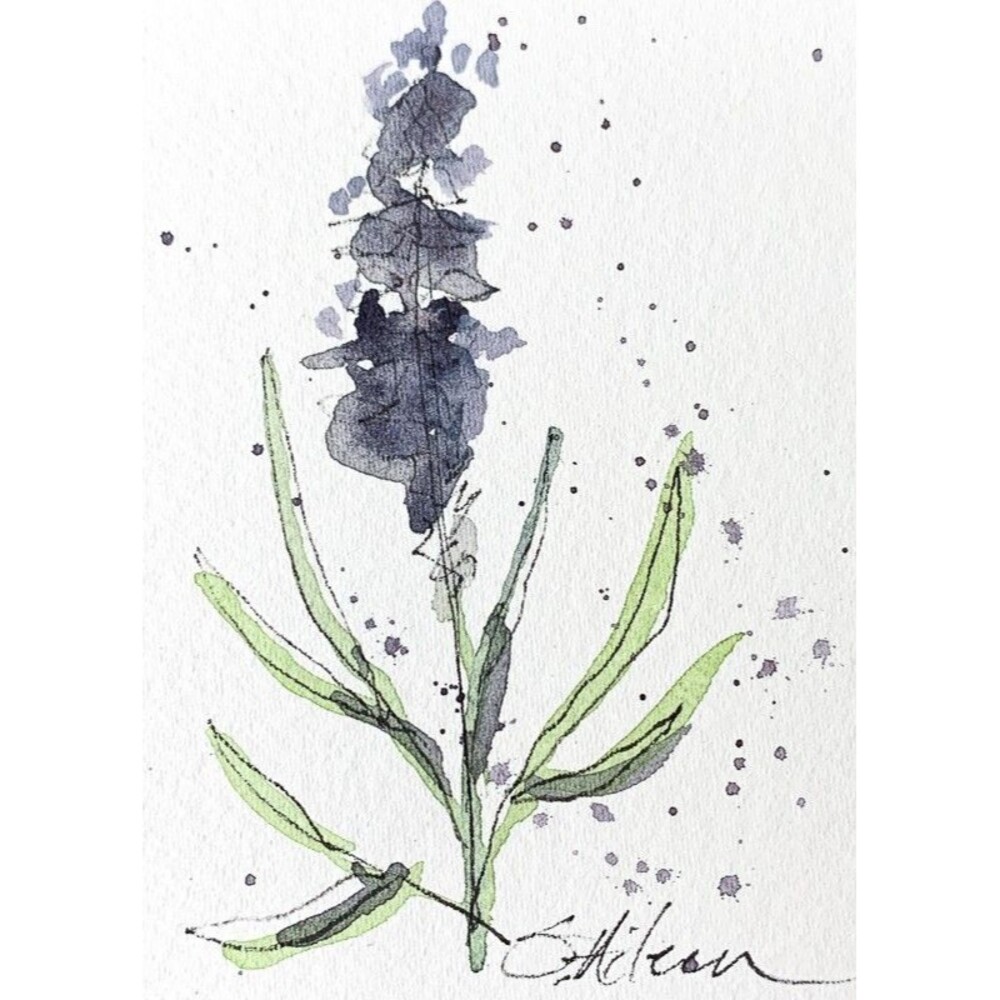 ACEO Painting Watercolor Ink Lavender Flower Purple Botanical Minimalist Signed